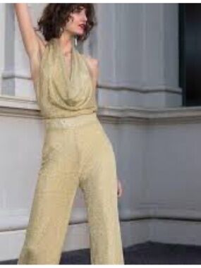 MISHA COLLECTION Gold Halter Wide-Leg Jumpsuit